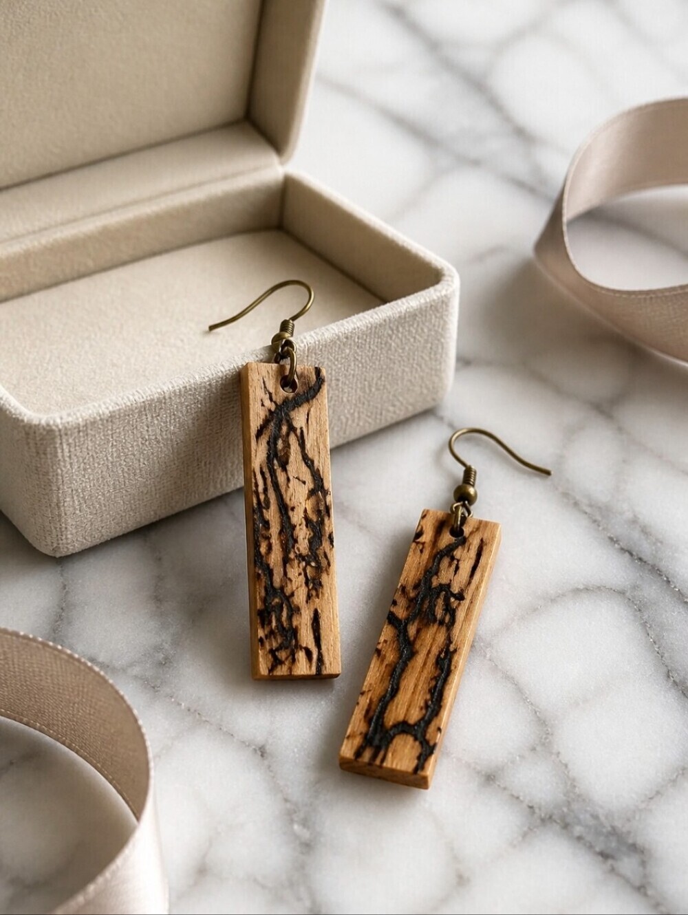 Earthy boho wood burned bar earrings